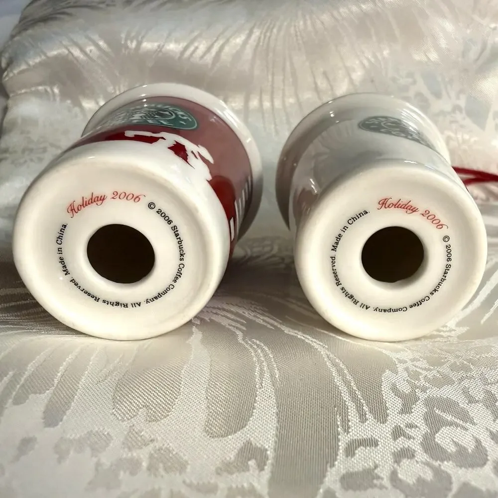 Starbucks 2006 Holiday Christmas Ornaments Set of 2 Travel To Go Cups Ceramic
